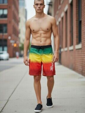 RED STRIPE Men'sJamaican Lager Beer Swim Trunks Shorts Sz36 Rasta Reggae Colors